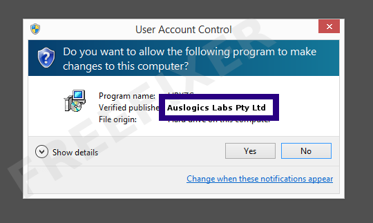 Screenshot where Auslogics Labs Pty Ltd appears as the verified publisher in the UAC dialog